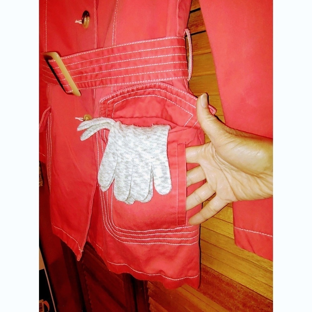 Vtg Y2K‎ Womens PeaCoat 100% Cotton Red Tortoise Buttons White Stitching Sz M - Picture 7 of 11